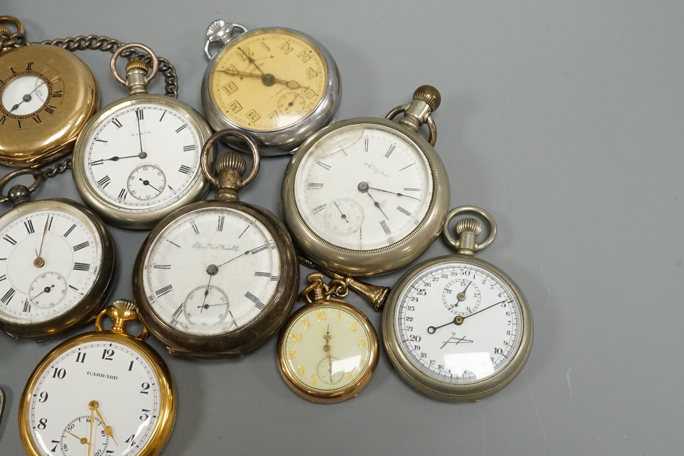 A collection of assorted wrist, fob and mainly pocket watches including Elgin and Garrard.